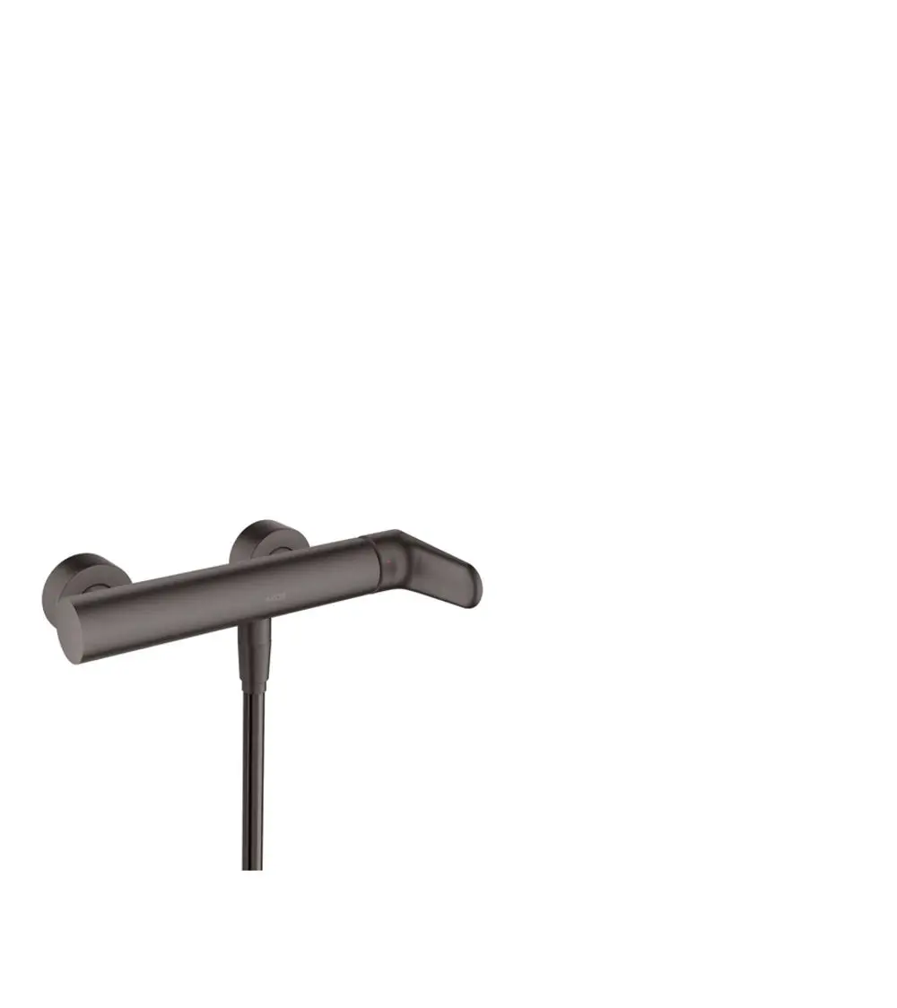 AXOR Einhebel-Brausemischer in gebürstetem Schwarzchrom, montiert an der Wand, mit einem schlanken, geraden Auslauf und zwei seitlichen Halterungen.